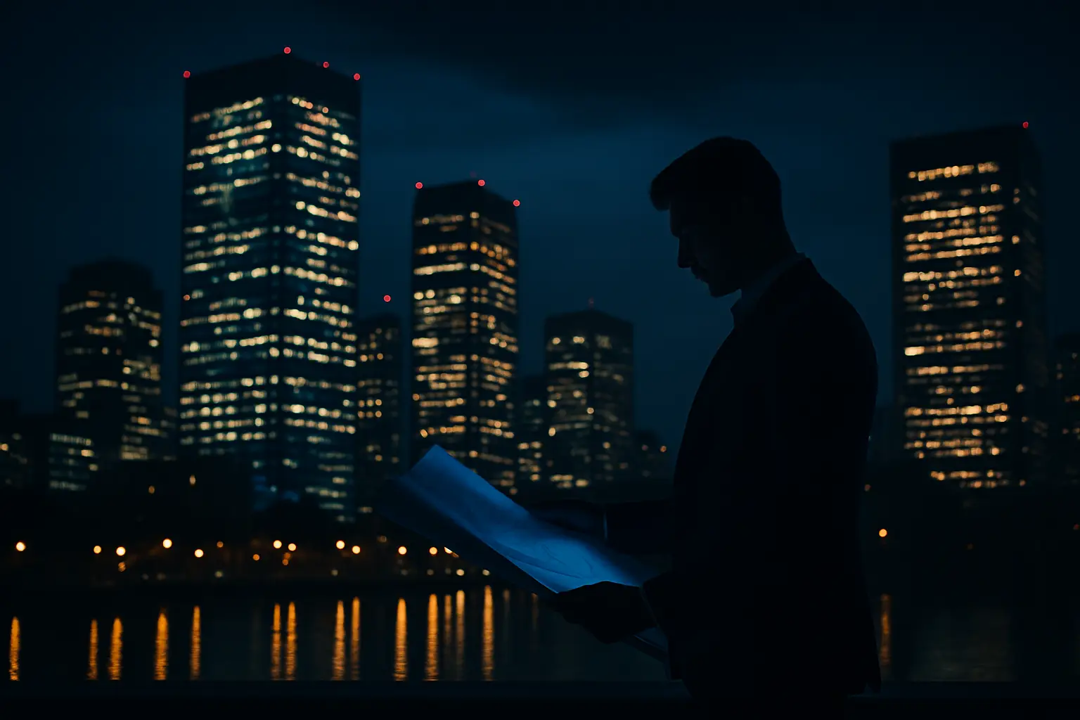 Man reading blueprints with city skyline at night