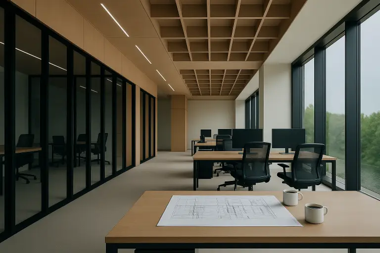 Modern open office with desks and computers