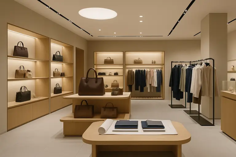 Luxury boutique with handbags and clothing displays