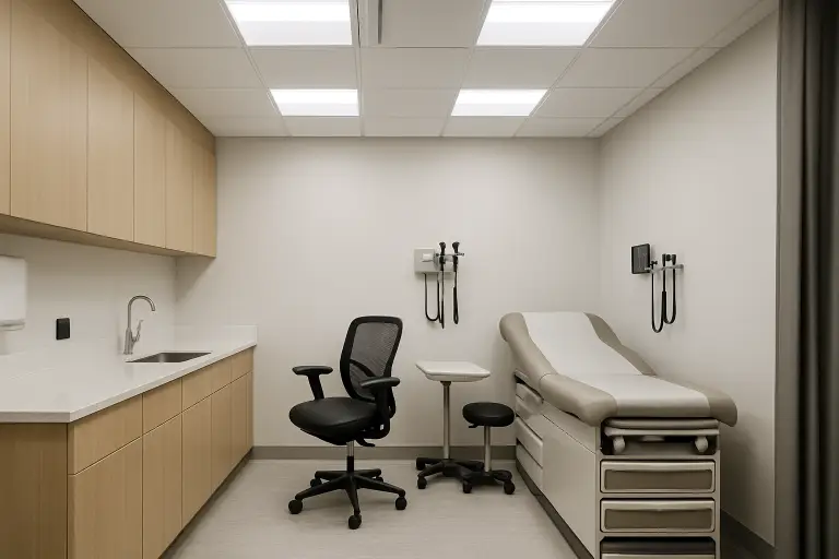 Modern medical exam room with exam table and chair