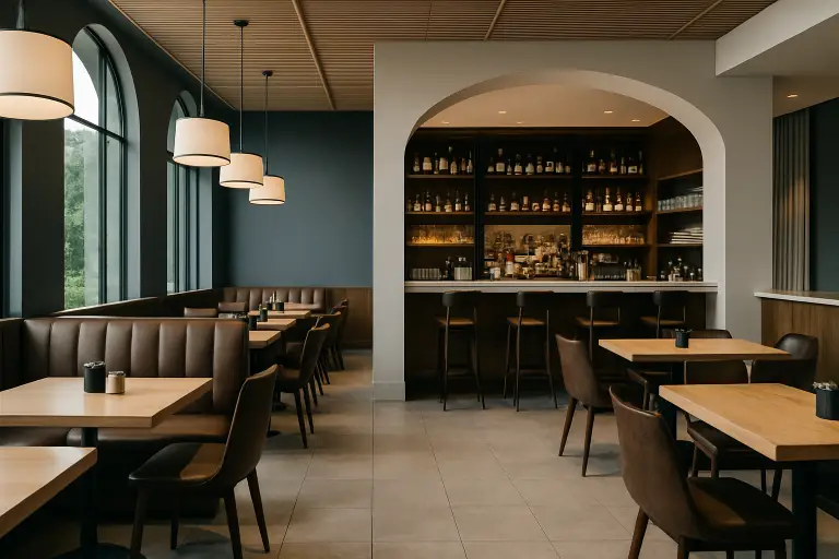 Modern restaurant interior with wooden tables and bar