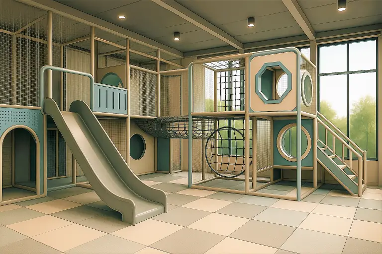 Indoor playground with slide and climbing structures