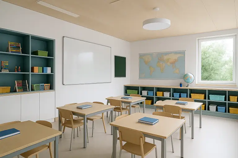 Modern classroom with desks, chairs, and whiteboard