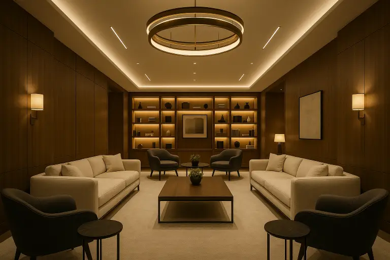 Modern living room with sofas and wooden bookshelves