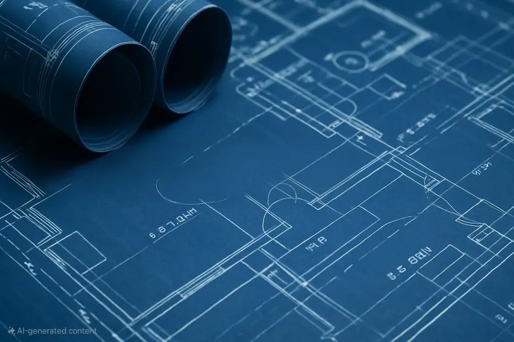Rolled architectural blueprints on construction floor plan
