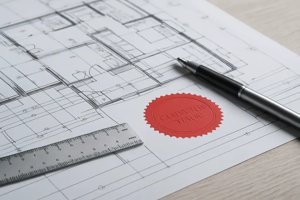 Certified architectural blueprint with pen and ruler