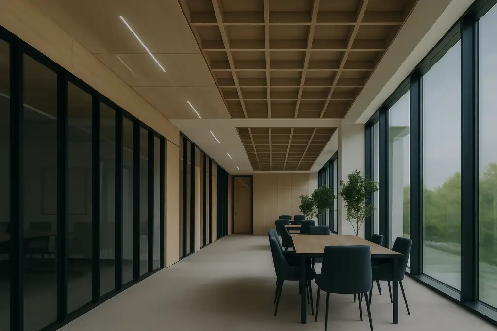 Modern office lounge with tables and large windows