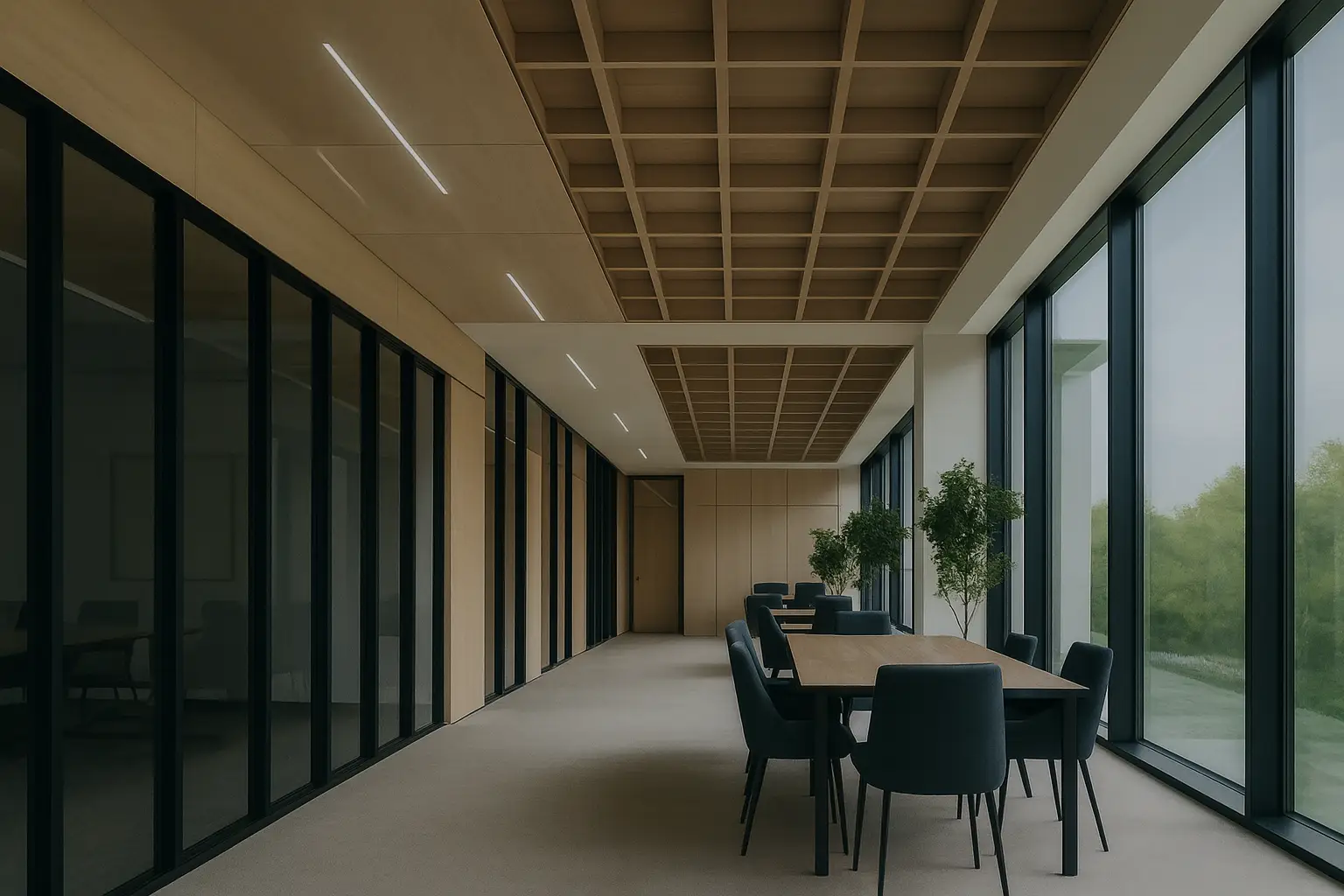 Modern office lounge with tables and large windows