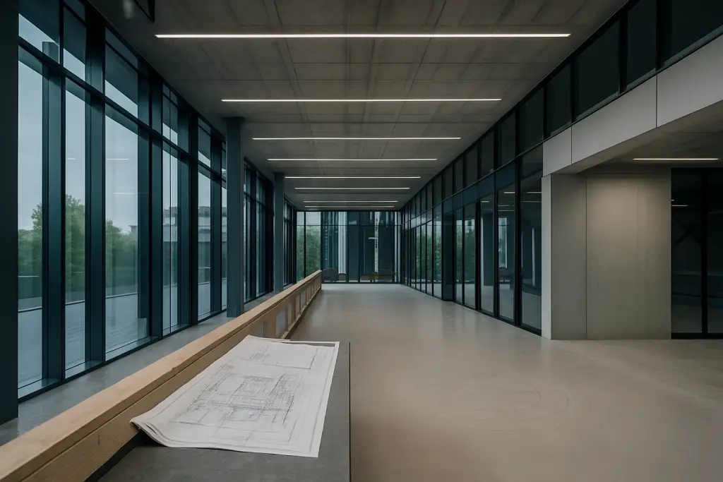 Modern hallway with large windows and architectural blueprint