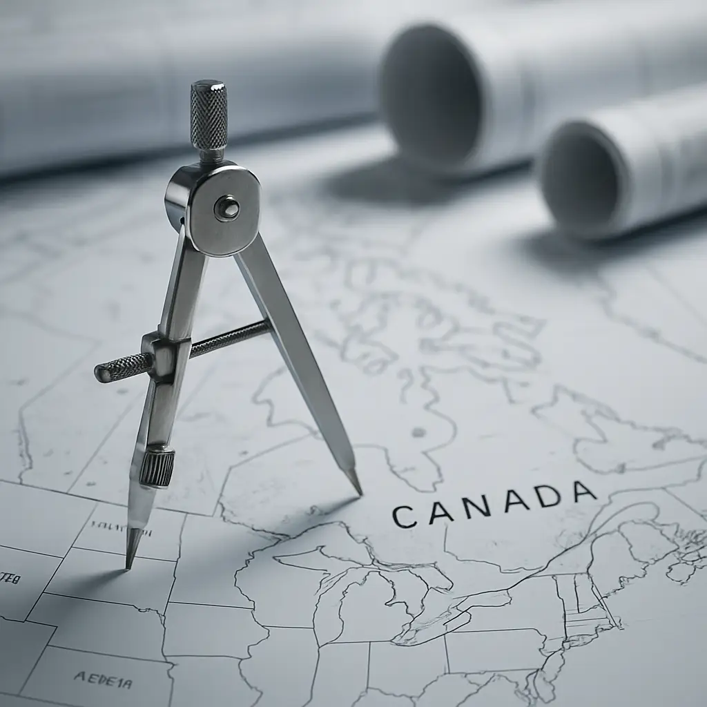 Compass on Canada map with blueprints
