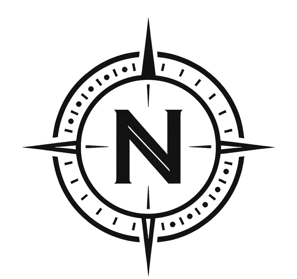 Black compass rose with letter N in center