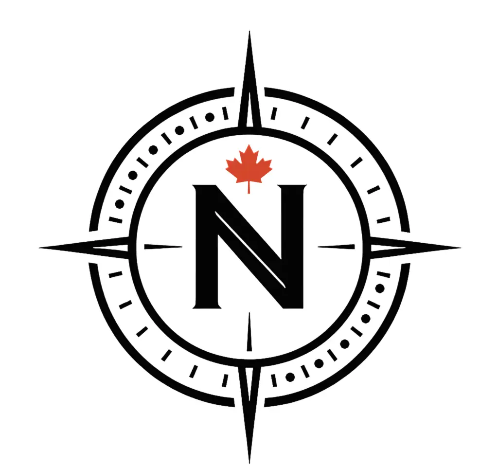 Compass logo with N and red maple leaf